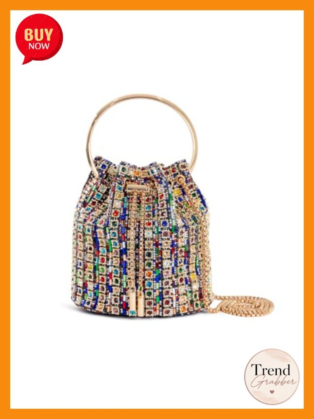 Crystal Rhinestone Embellished Bucket Bag with Ring Handle and Gold Chain Strap